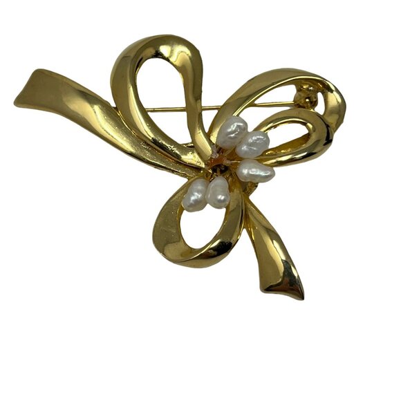 Gold Tone Brooch Bow Flower Ribbon Seed Pearls‎ Pin Vintage - Picture 1 of 4
